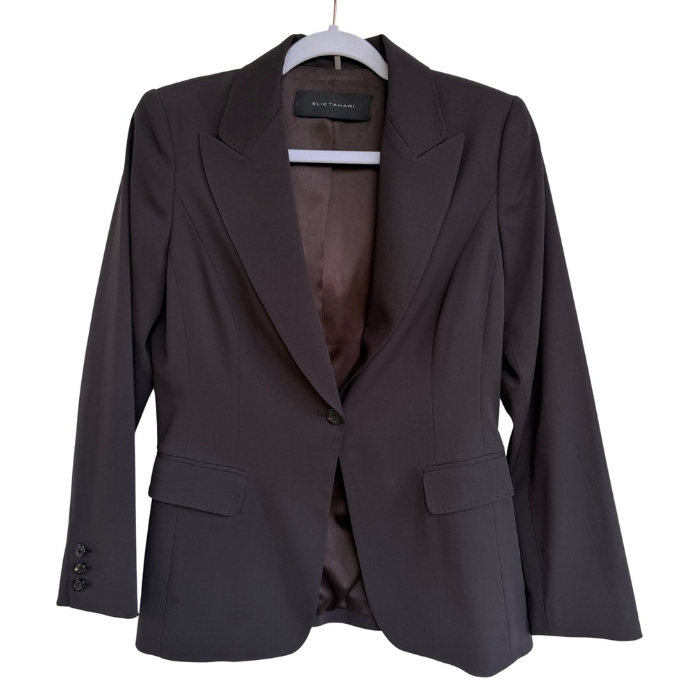 Elie Tahari Blazer Black Virgin Wool Blend Single Button Tailored Classic Size 8